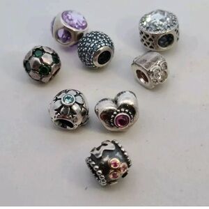 Lot of 8 Sterling Silver PANDORA Charms Beads All Different Designs with Gems